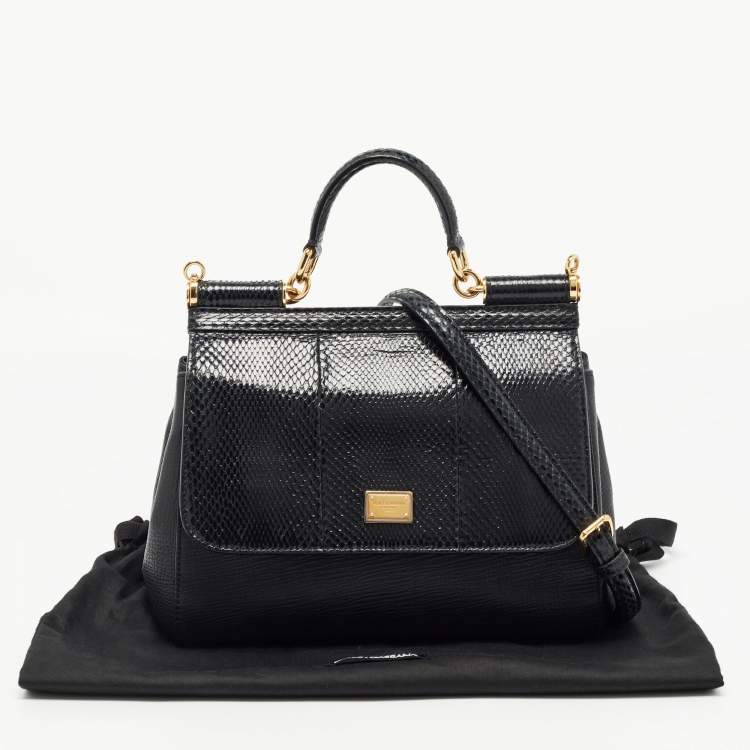 Pre Owned Dolce & Gabbana Black Leather and Snakeskin Medium Miss Sicily Top Handle Bag
