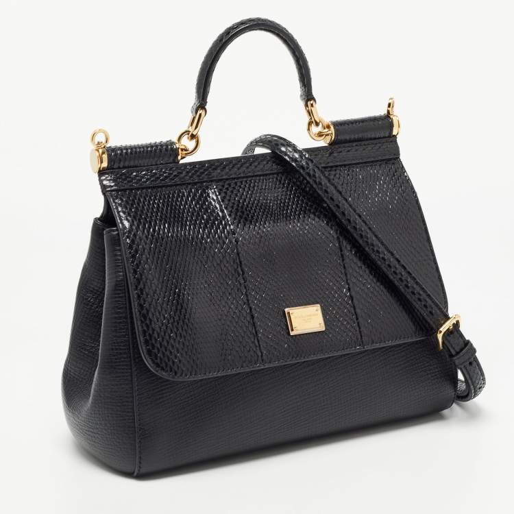 Pre Owned Dolce & Gabbana Black Leather and Snakeskin Medium Miss Sicily Top Handle Bag