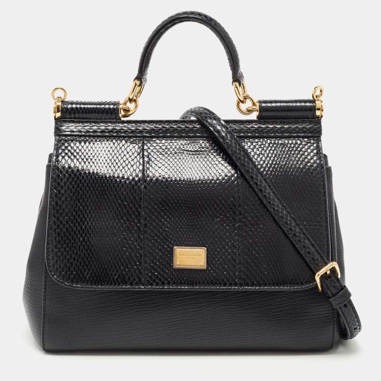 Pre Owned Dolce & Gabbana Black Leather and Snakeskin Medium Miss Sicily Top Handle Bag