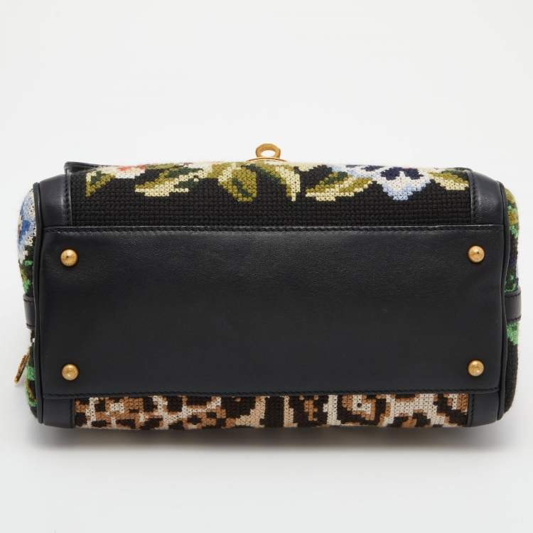 Pre Owned Dolce & Gabbana Multicolor Cross Stitch Fabric and Leather Padlock Top Handle Bag