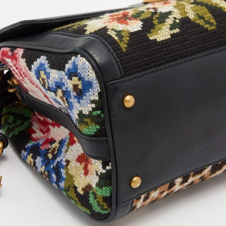 Pre Owned Dolce & Gabbana Multicolor Cross Stitch Fabric and Leather Padlock Top Handle Bag