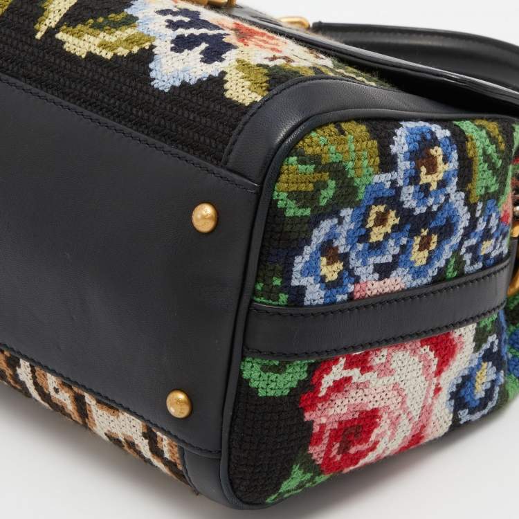 Pre Owned Dolce & Gabbana Multicolor Cross Stitch Fabric and Leather Padlock Top Handle Bag