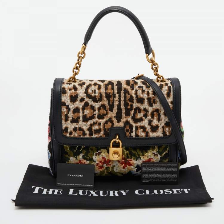 Pre Owned Dolce & Gabbana Multicolor Cross Stitch Fabric and Leather Padlock Top Handle Bag