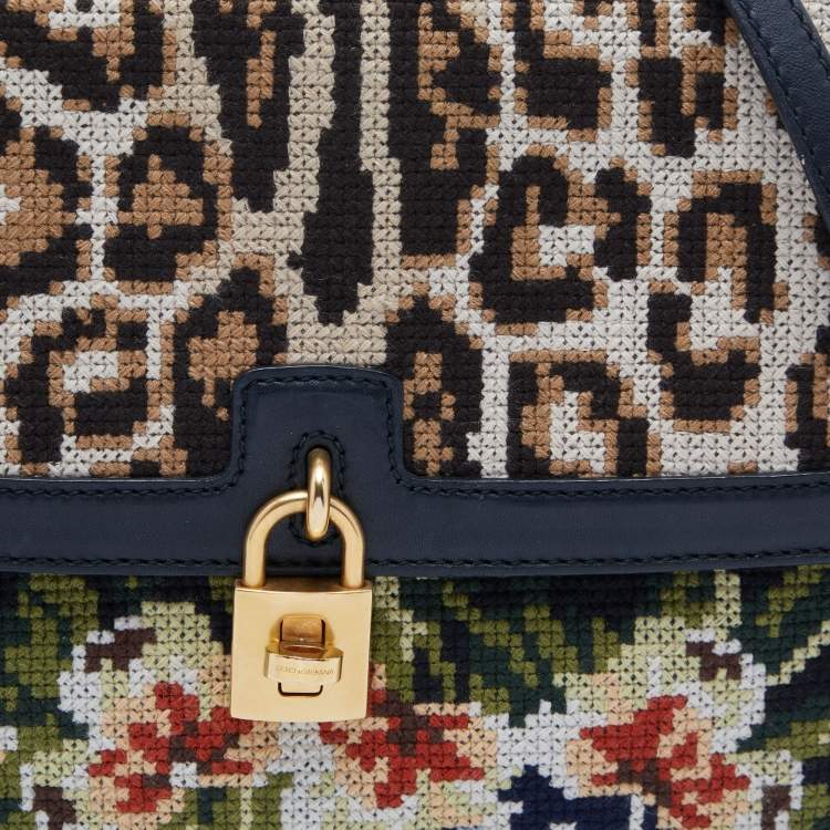 Pre Owned Dolce & Gabbana Multicolor Cross Stitch Fabric and Leather Padlock Top Handle Bag