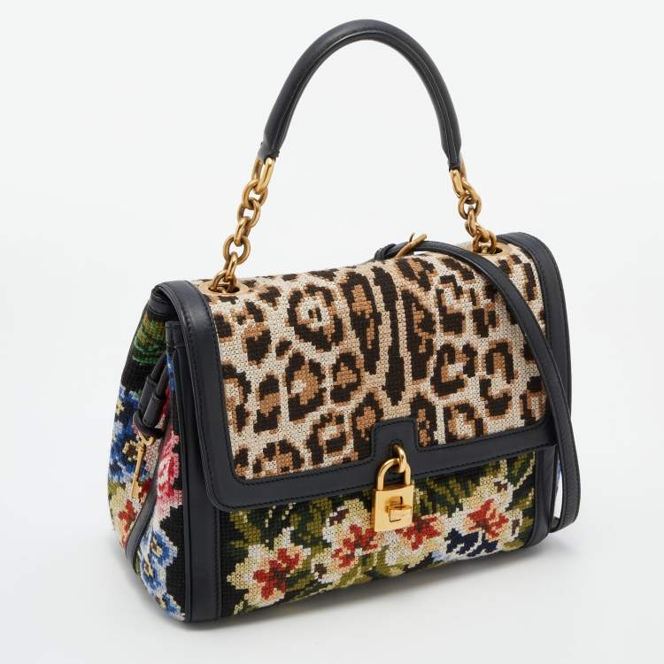 Pre Owned Dolce & Gabbana Multicolor Cross Stitch Fabric and Leather Padlock Top Handle Bag
