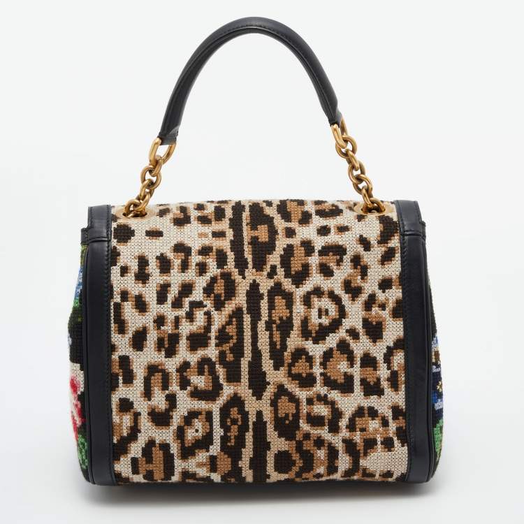 Pre Owned Dolce & Gabbana Multicolor Cross Stitch Fabric and Leather Padlock Top Handle Bag