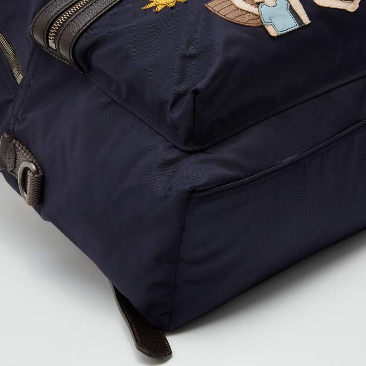 Pre Owned Dolce & Gabbana Navy Blue/Brown Nylon and Leather Printed Backpack