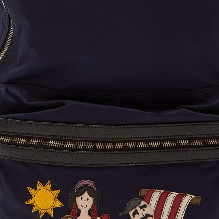 Pre Owned Dolce & Gabbana Navy Blue/Brown Nylon and Leather Printed Backpack