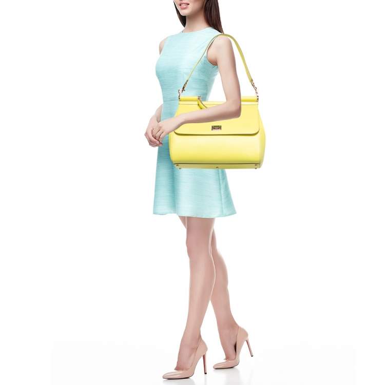 Pre Owned Dolce & Gabbana Lime Yellow Leather Large Miss Sicily Top Handle Bag