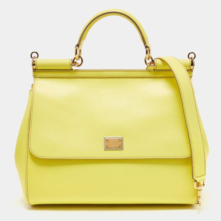 Pre Owned Dolce & Gabbana Lime Yellow Leather Large Miss Sicily Top Handle Bag