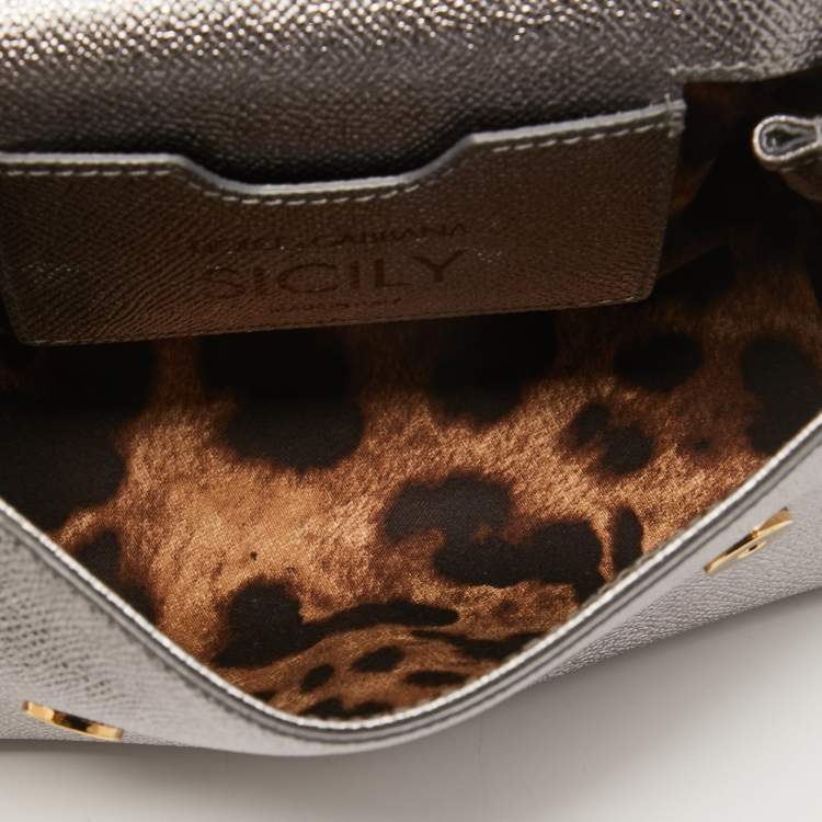 Pre Owned Dolce & Gabbana Silver Leather Mini Crystal and Spike DG Logo Miss Sicily Bag