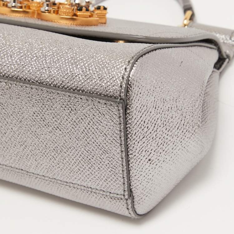 Pre Owned Dolce & Gabbana Silver Leather Mini Crystal and Spike DG Logo Miss Sicily Bag