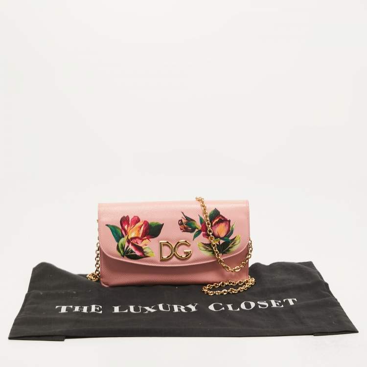 Pre Owned Dolce & Gabbana Pink Floral Print Leather DG Logo Chain Clutch