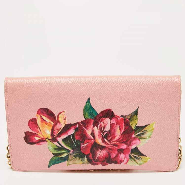 Pre Owned Dolce & Gabbana Pink Floral Print Leather DG Logo Chain Clutch