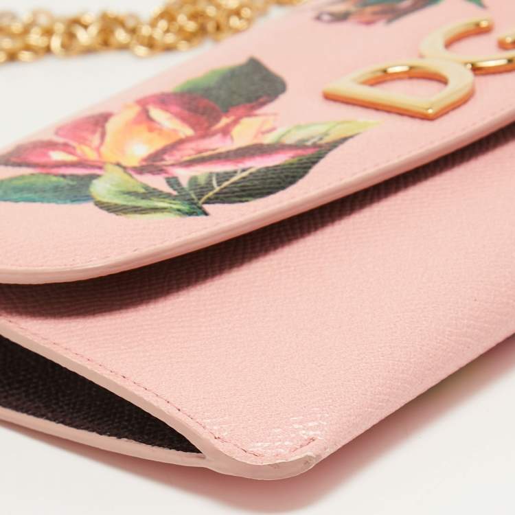 Pre Owned Dolce & Gabbana Pink Floral Print Leather DG Logo Chain Clutch