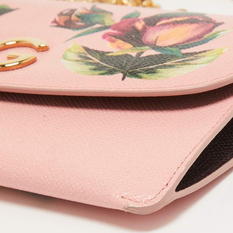 Pre Owned Dolce & Gabbana Pink Floral Print Leather DG Logo Chain Clutch
