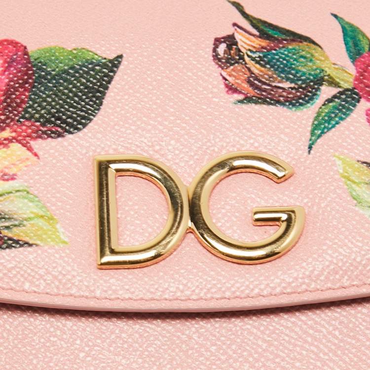 Pre Owned Dolce & Gabbana Pink Floral Print Leather DG Logo Chain Clutch