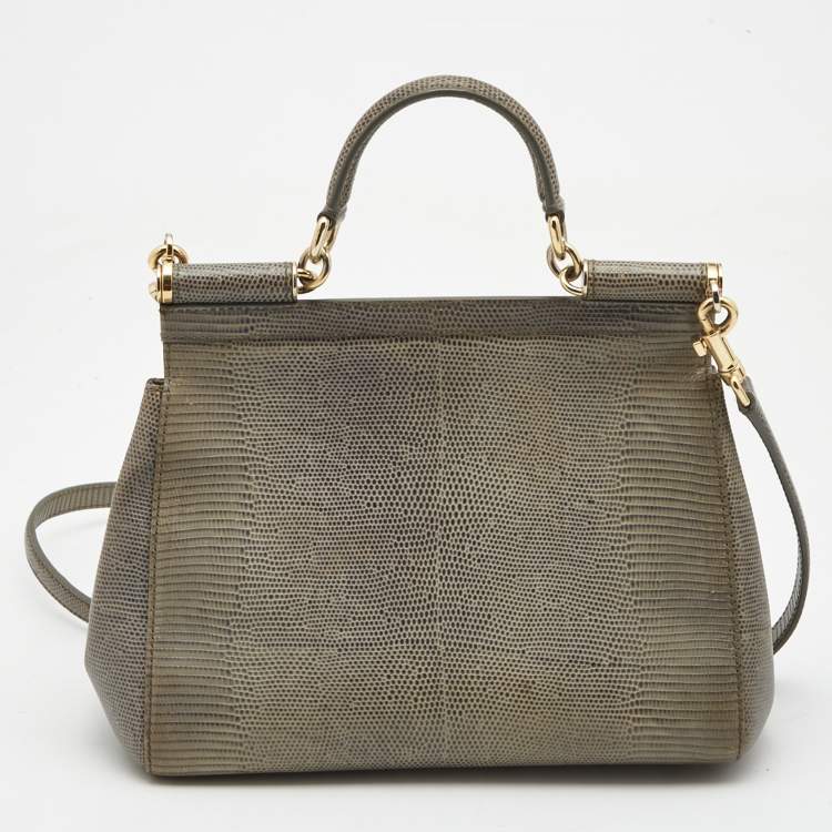 Pre Owned Dolce & Gabbana Grey Lizard Embossed Leather Medium Miss Sicily Top Handle Bag