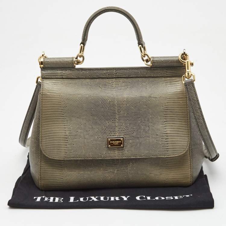 Pre Owned Dolce & Gabbana Grey Lizard Embossed Leather Medium Miss Sicily Top Handle Bag