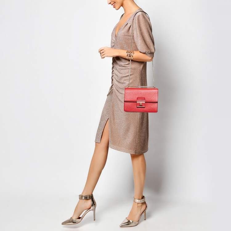 Pre Owned Dolce & Gabbana Red Leather Small Rosalia Shoulder Bag