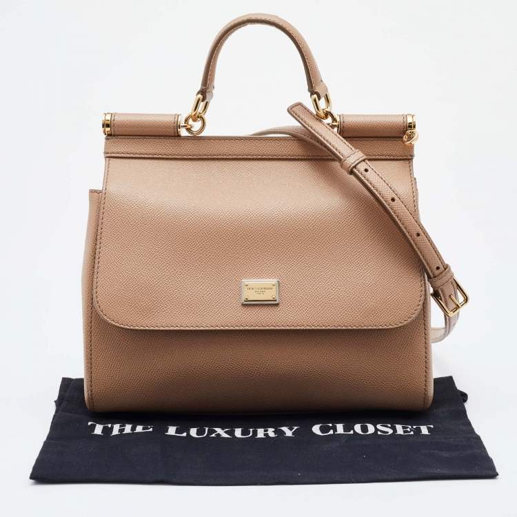 Pre Owned Dolce & Gabbana Beige Leather Medium Miss Sicily Top Handle Bag