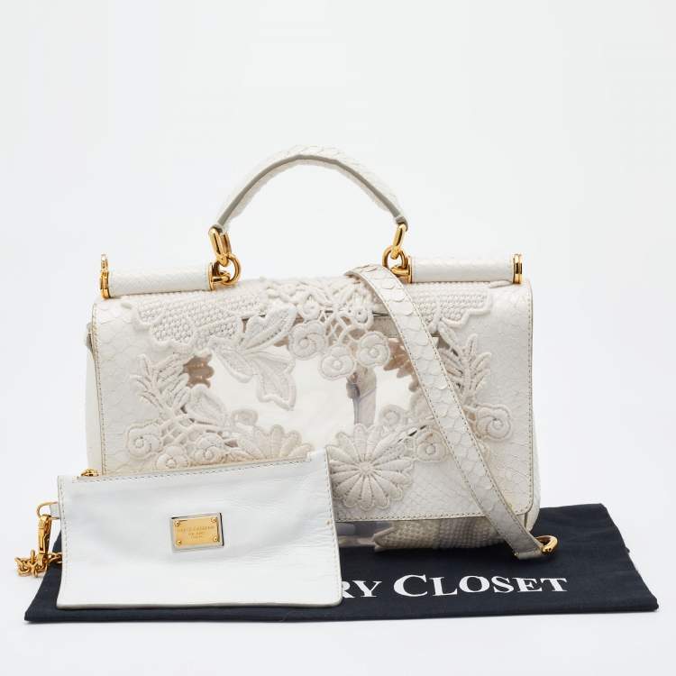 Pre Owned Dolce & Gabbana White PVC, Lace and Python Miss Sicily Top Handle Bag