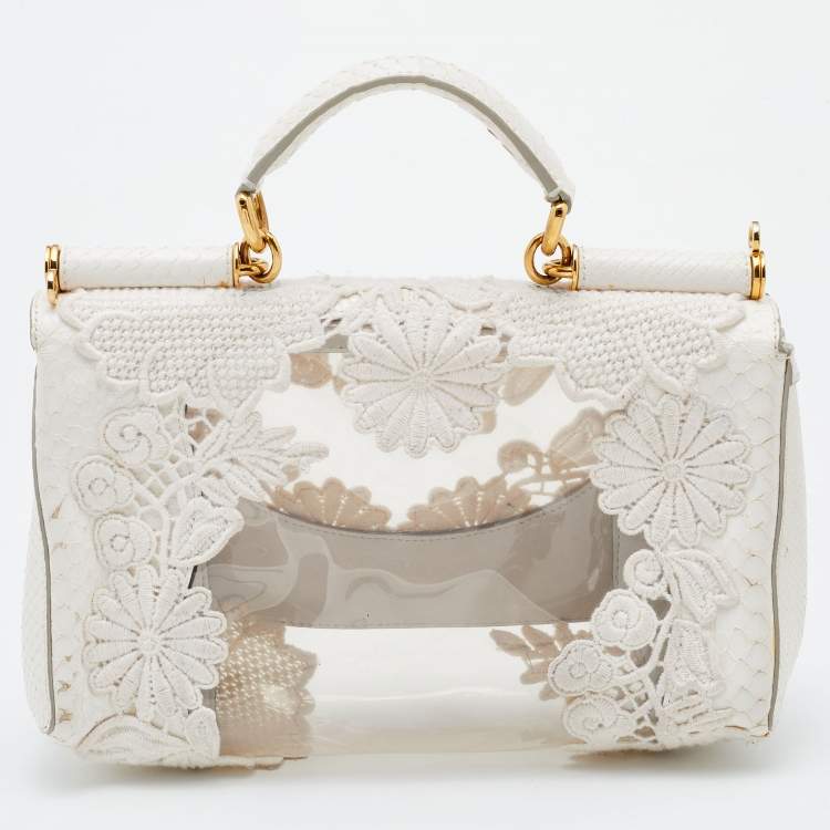 Pre Owned Dolce & Gabbana White PVC, Lace and Python Miss Sicily Top Handle Bag
