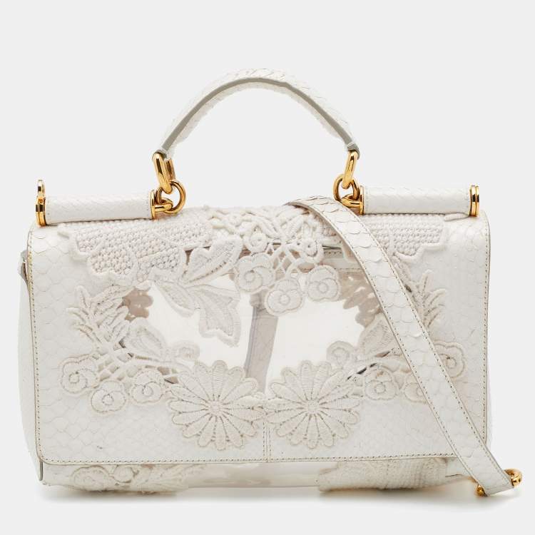 Pre Owned Dolce & Gabbana White PVC, Lace and Python Miss Sicily Top Handle Bag
