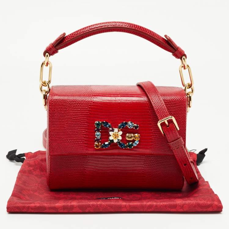 Pre Owned Dolce & Gabbana Red Lizard Embossed Leather DG Millennials Top Handle Bag