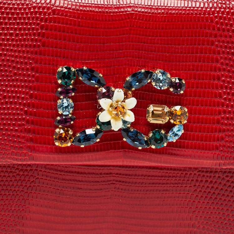 Pre Owned Dolce & Gabbana Red Lizard Embossed Leather DG Millennials Top Handle Bag