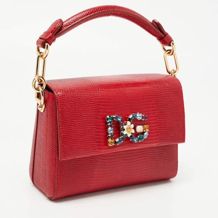 Pre Owned Dolce & Gabbana Red Lizard Embossed Leather DG Millennials Top Handle Bag