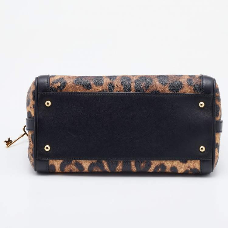 Pre Owned Dolce & Gabbana Black/Brown Leopard Print Coated Canvas and Leather Padlock Top Handle Bag