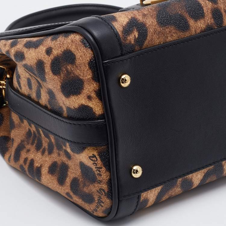 Pre Owned Dolce & Gabbana Black/Brown Leopard Print Coated Canvas and Leather Padlock Top Handle Bag