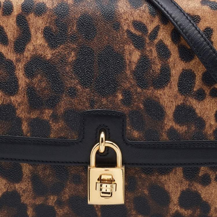 Pre Owned Dolce & Gabbana Black/Brown Leopard Print Coated Canvas and Leather Padlock Top Handle Bag