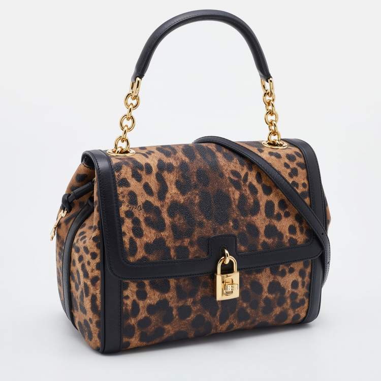 Pre Owned Dolce & Gabbana Black/Brown Leopard Print Coated Canvas and Leather Padlock Top Handle Bag