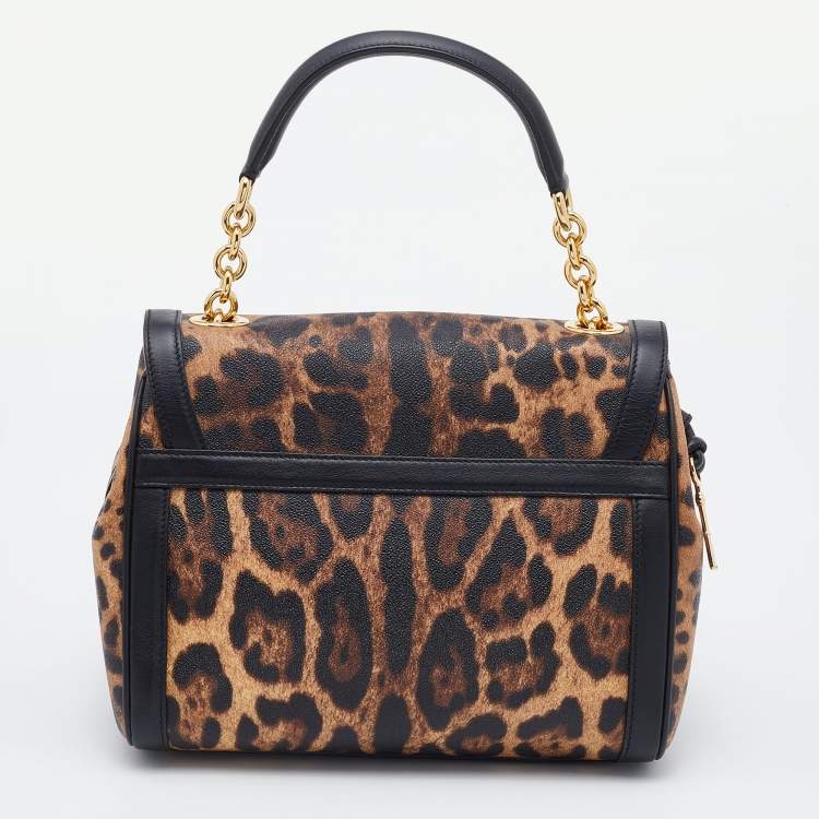 Pre Owned Dolce & Gabbana Black/Brown Leopard Print Coated Canvas and Leather Padlock Top Handle Bag