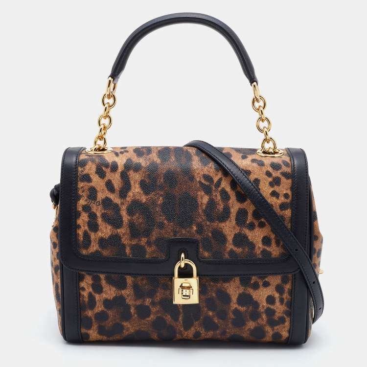 Pre Owned Dolce & Gabbana Black/Brown Leopard Print Coated Canvas and Leather Padlock Top Handle Bag