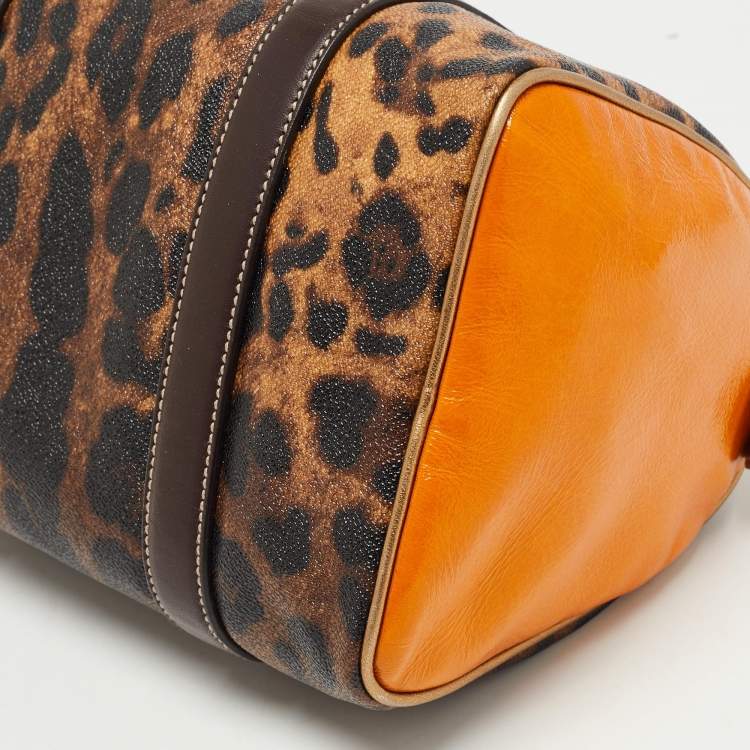 Pre Owned Dolce & Gabbana Brown/Yellow Leopard Print Coated Canvas and Leather Miss Escape Satchel