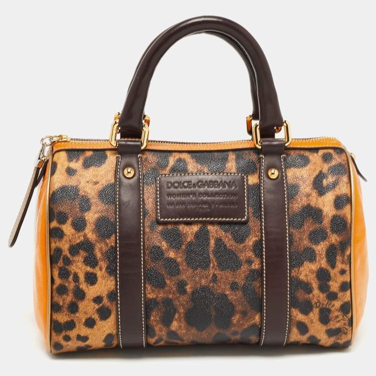 Pre Owned Dolce & Gabbana Brown/Yellow Leopard Print Coated Canvas and Leather Miss Escape Satchel