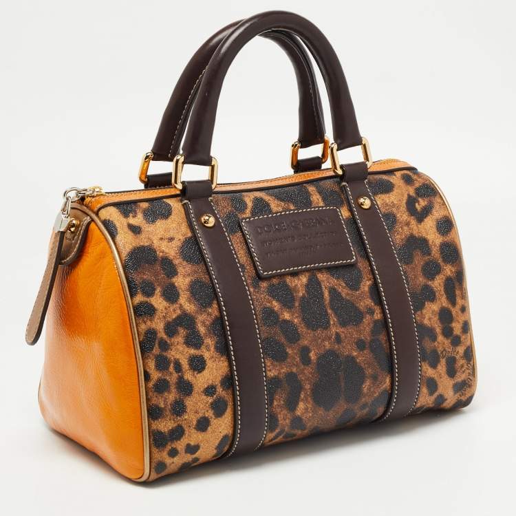 Pre Owned Dolce & Gabbana Brown/Yellow Leopard Print Coated Canvas and Leather Miss Escape Satchel