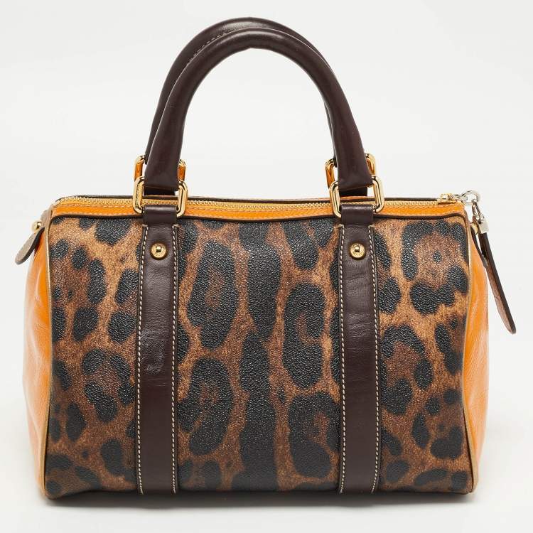 Pre Owned Dolce & Gabbana Brown/Yellow Leopard Print Coated Canvas and Leather Miss Escape Satchel