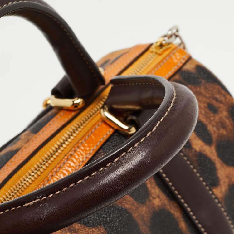 Pre Owned Dolce & Gabbana Brown/Yellow Leopard Print Coated Canvas and Leather Miss Escape Satchel