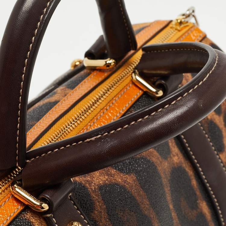 Pre Owned Dolce & Gabbana Brown/Yellow Leopard Print Coated Canvas and Leather Miss Escape Satchel