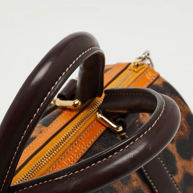 Pre Owned Dolce & Gabbana Brown/Yellow Leopard Print Coated Canvas and Leather Miss Escape Satchel