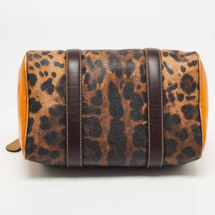 Pre Owned Dolce & Gabbana Brown/Yellow Leopard Print Coated Canvas and Leather Miss Escape Satchel