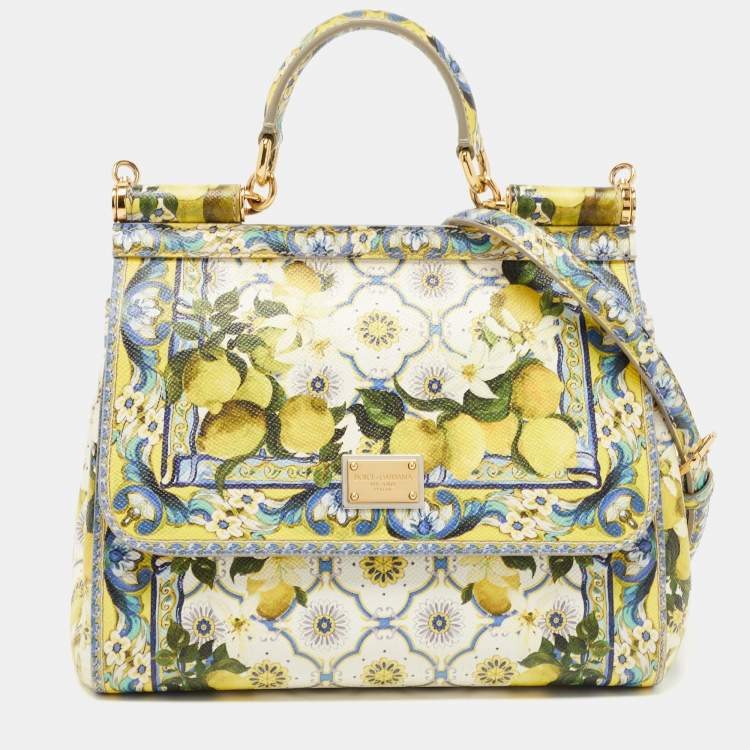 Pre Owned Dolce & Gabbana Multicolor Lemon Print Leather Medium Miss Sicily Top Handle Bag