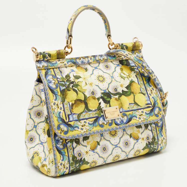 Pre Owned Dolce & Gabbana Multicolor Lemon Print Leather Medium Miss Sicily Top Handle Bag