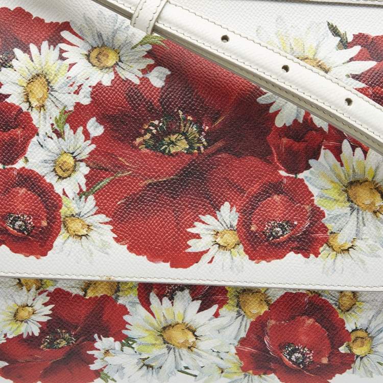 Pre Owned Dolce & Gabbana White Floral Print Leather Medium Miss Sicily Top Handle Bag