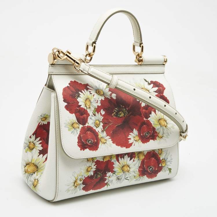 Pre Owned Dolce & Gabbana White Floral Print Leather Medium Miss Sicily Top Handle Bag