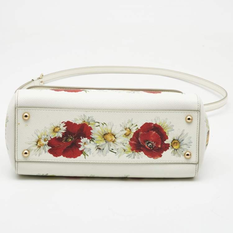 Pre Owned Dolce & Gabbana White Floral Print Leather Medium Miss Sicily Top Handle Bag
